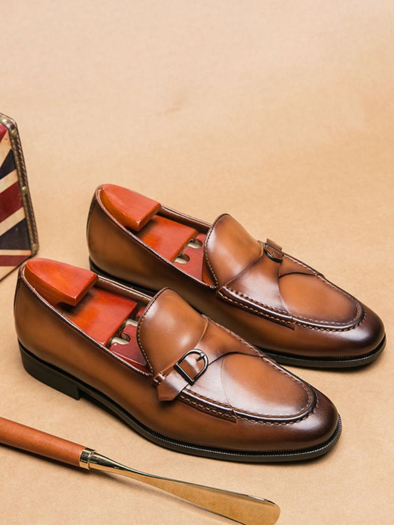 Pánské Společenské Boty Stylové Kulaté Špičky Monk Strap Slip-on Pu Kůže - Kávově Hnědá