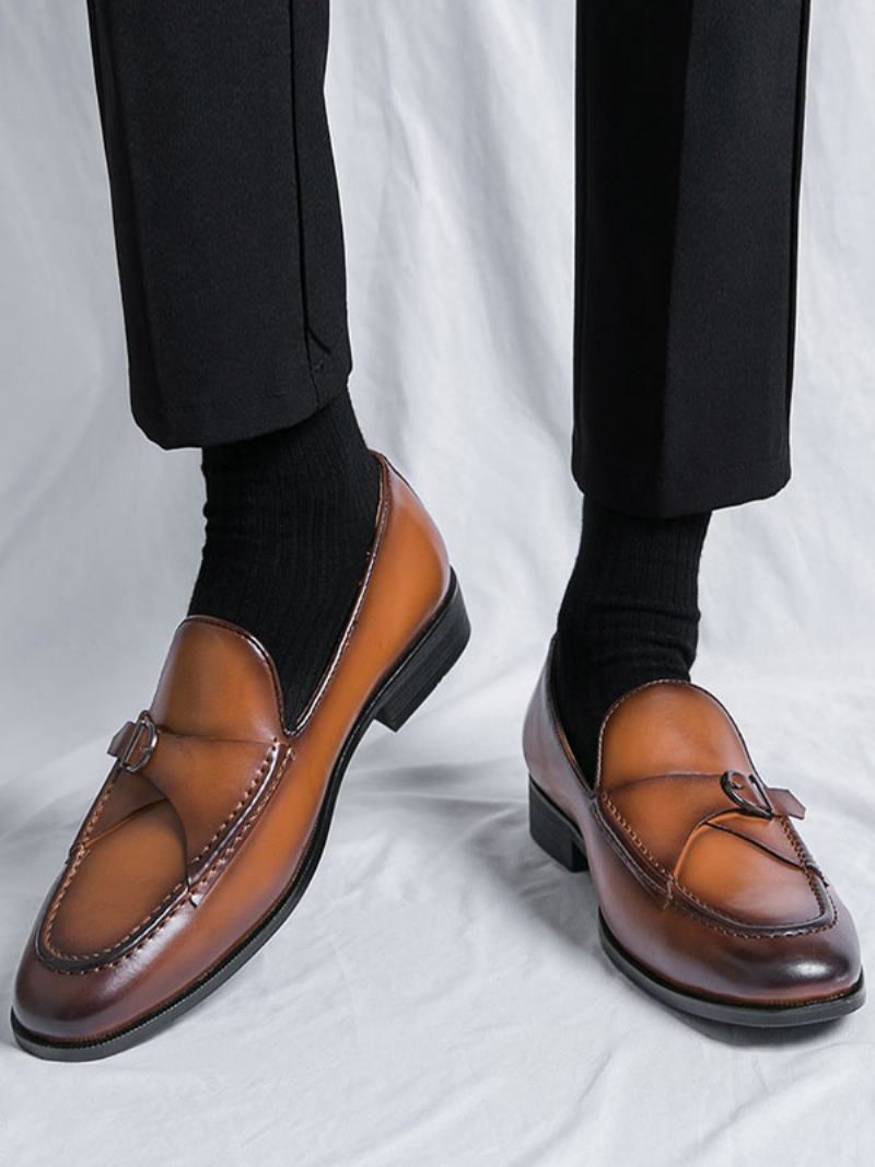 Pánské Společenské Boty Stylové Kulaté Špičky Monk Strap Slip-on Pu Kůže - Kávově Hnědá